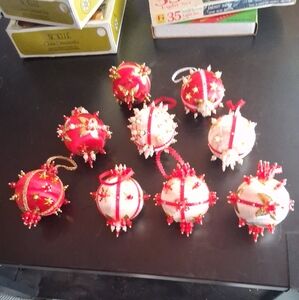 9piece Set Of Vintage 1950s Spun Satin Push Pin And Beaded Christmas Ornaments